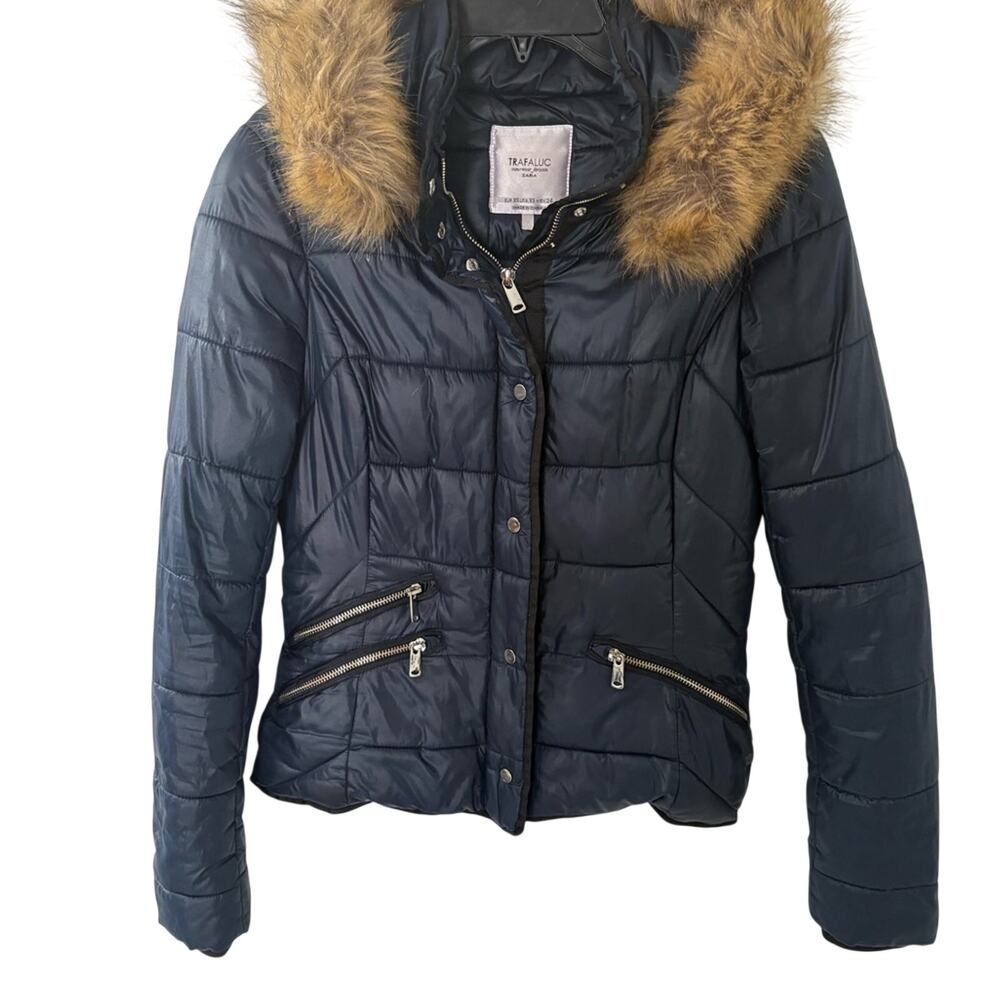 Zara Trafaluc outerwear puffer jacket faux fur trim hood size XS